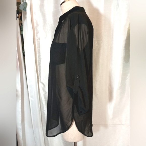 Nazz Couture Blouse, Women, Roll Tab Sleeve, 1/2 BttnUp, Black,Pckt, see thru, L - Picture 3 of 11